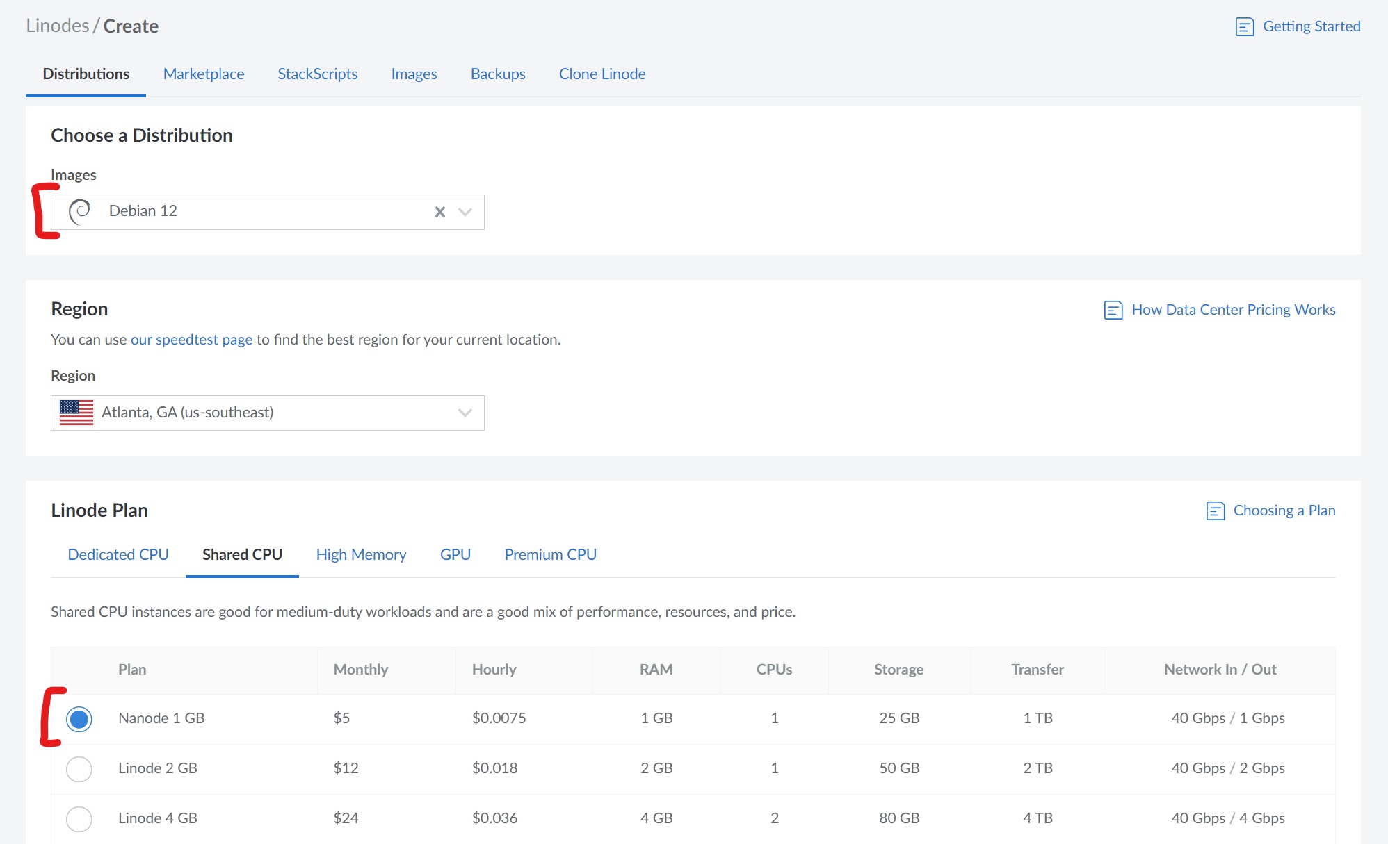 screenshot of linode nanode configuration