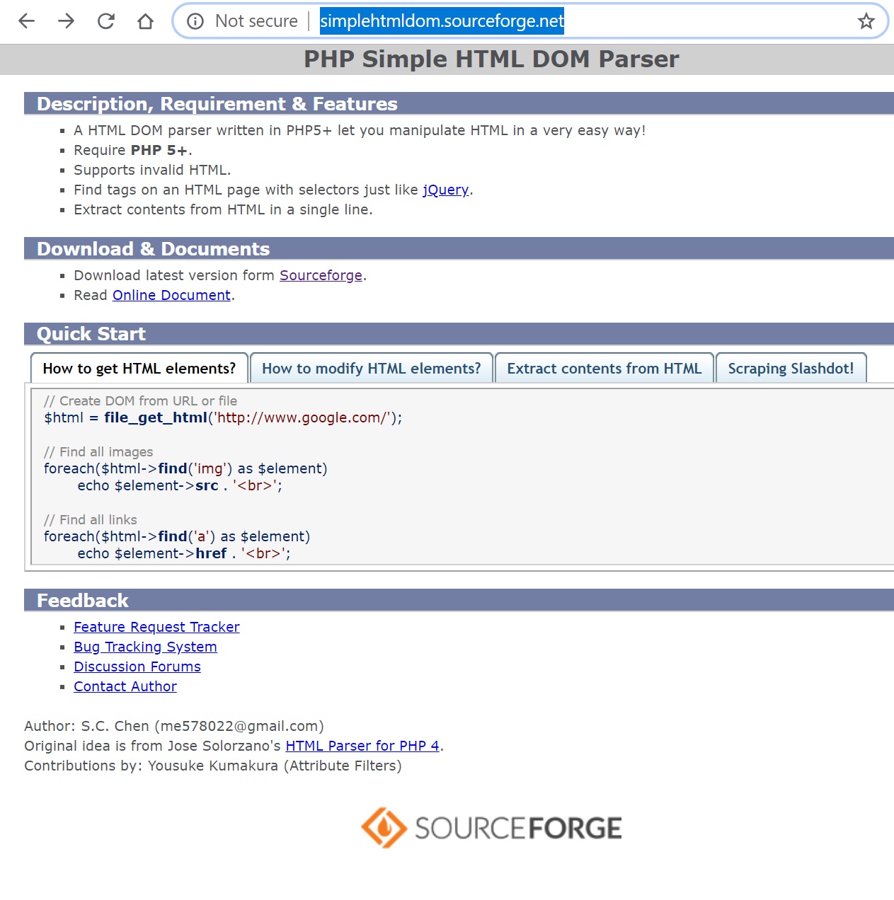 Screenshot of simple html dom scraper in sourceforge